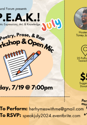 Flyer for the SPEAK poetry, prose, and rap workshop and open mic. All flyer details in caption.